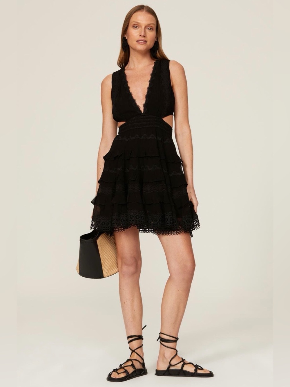 Rococo Sand Black Lace Tiered Cutout Mini Dress~Size M~$436~